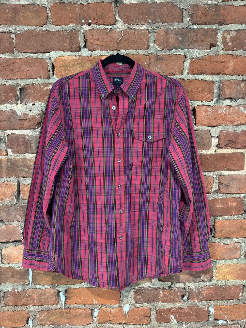Vintage LL Bean Men's Pink, Purple, & Green Plaid Button Up Shirt (100% Cotton)